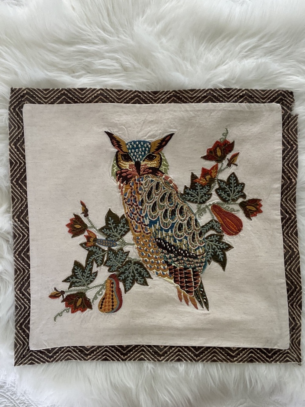 Pottery Barn Owl Bird Embroidered Pillow Cover Autumn Woodland Nature Fall READ